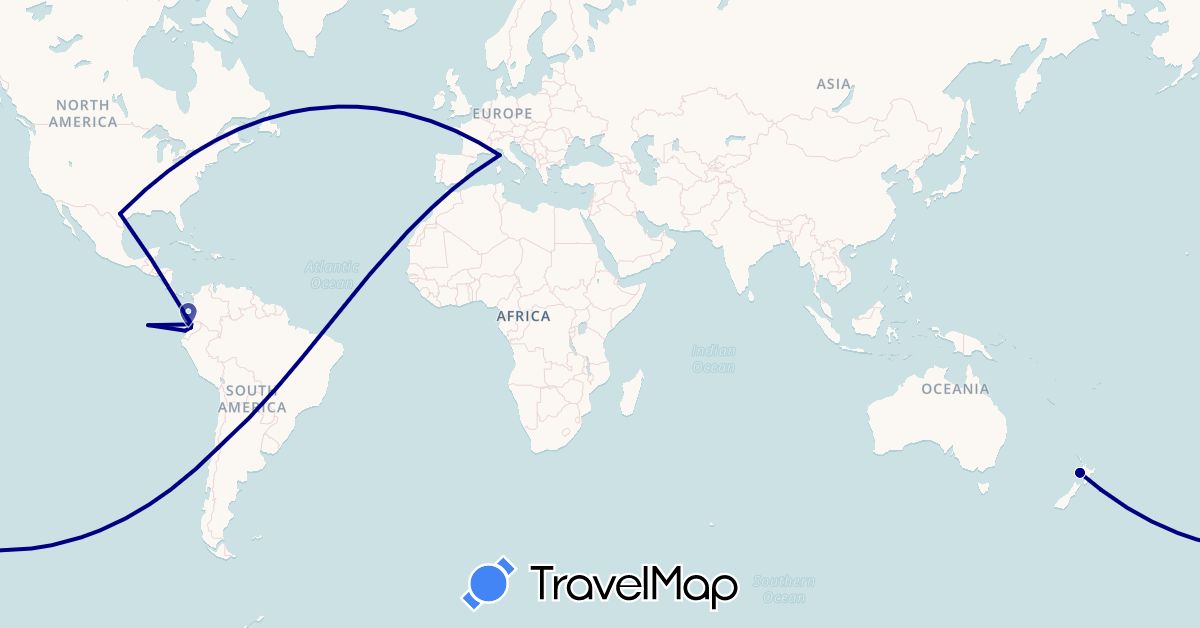TravelMap itinerary: driving in Bolivia, Chile, Ecuador, New Zealand (Oceania, South America)